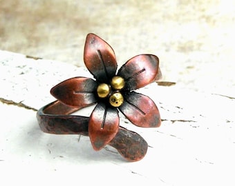 Copper Flower Ring,  Adjustable Ring