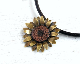 Sunflower Necklace, Sunflower Pendant, Copper and Brass Flower Necklace