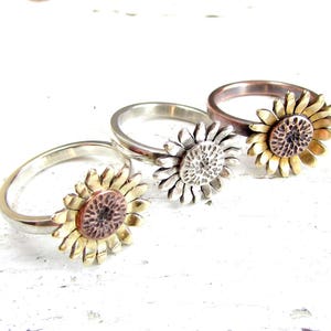 Sunflower Ring, Sunflower Jewelry, Copper Flower Ring, Sterling Silver Sunflower Ring
