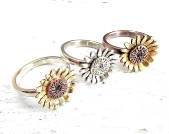 Sunflower Ring, Sunflower Jewelry, Copper Flower Ring, Sterling Silver Sunflower Ring