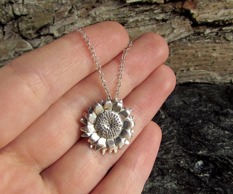 Silver Sunflower Necklace Layering Necklace Sterling Silver Etsy