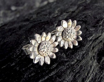 Silver Sunflower Studs, Flower Earrings, Sterling Silver Stud Earrings