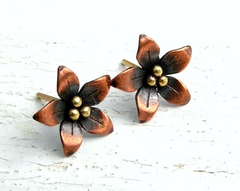 Copper Flower Studs, Flower Earrings, Copper and Brass