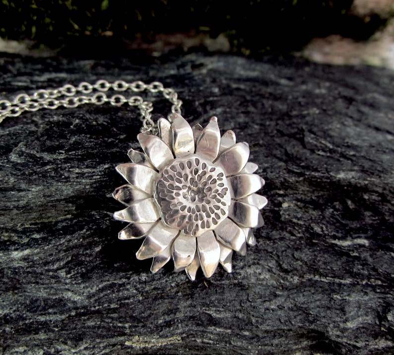 Silver Sunflower Necklace, Layering Necklace, Sterling Silver Flower Necklace, Gift for Her MADE TO ORDER image 1