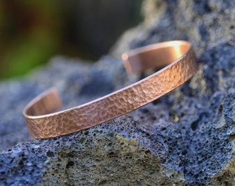 Rustic Hammered Copper Cuff Bracelet,  Bright Copper 10mm Bangle