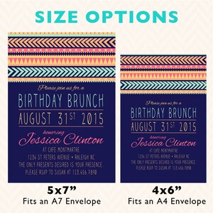 Puede incluir: Dos plantillas de invitaci&oacute;n imprimibles para un brunch de cumplea&ntilde;os con un patr&oacute;n geom&eacute;trico colorido. La plantilla m&aacute;s grande es de 5x7 pulgadas y cabe en un sobre A7. La plantilla m&aacute;s peque&ntilde;a es de 4x6 pulgadas y cabe en un sobre A4. Ambas plantillas incluyen el texto "Por favor, &uacute;nase a nosotros para un brunch de cumplea&ntilde;os" y "31 de agosto de 2015".