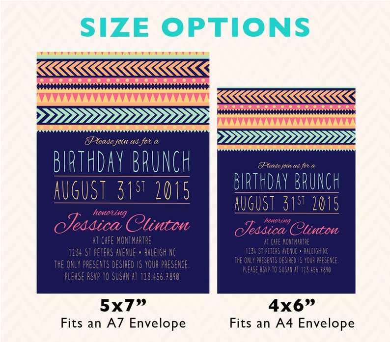 Puede incluir: Dos plantillas de invitaci&oacute;n imprimibles para un brunch de cumplea&ntilde;os con un patr&oacute;n geom&eacute;trico colorido. La plantilla m&aacute;s grande es de 5x7 pulgadas y cabe en un sobre A7. La plantilla m&aacute;s peque&ntilde;a es de 4x6 pulgadas y cabe en un sobre A4. Ambas plantillas incluyen el texto "Por favor, &uacute;nase a nosotros para un brunch de cumplea&ntilde;os" y "31 de agosto de 2015".
