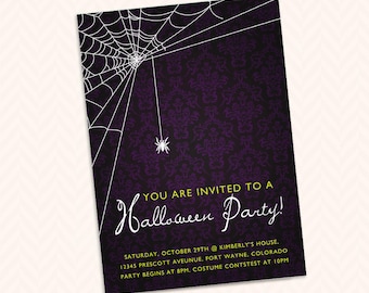 Halloween Party Invitation - Adorable Printable Spider Web Theme with Purple and Black Damask