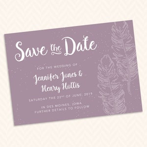 Pluma Guardar la tarjeta de la fecha - Tema romántico del quill de la boda - colores personalizados disponibles, se muestra en la ciruela oscura