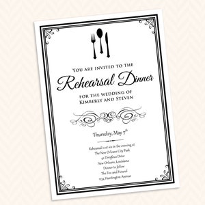 Elegante invitación a la cena en blanco y negro- cena de ensayo, cena o más.