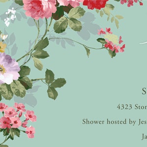 Puede incluir: Una invitaci&oacute;n floral con fondo azul claro y flores rosas y blancas. El texto dice "Sun 4323 Stone M Shower hosted by Jessica Janet".