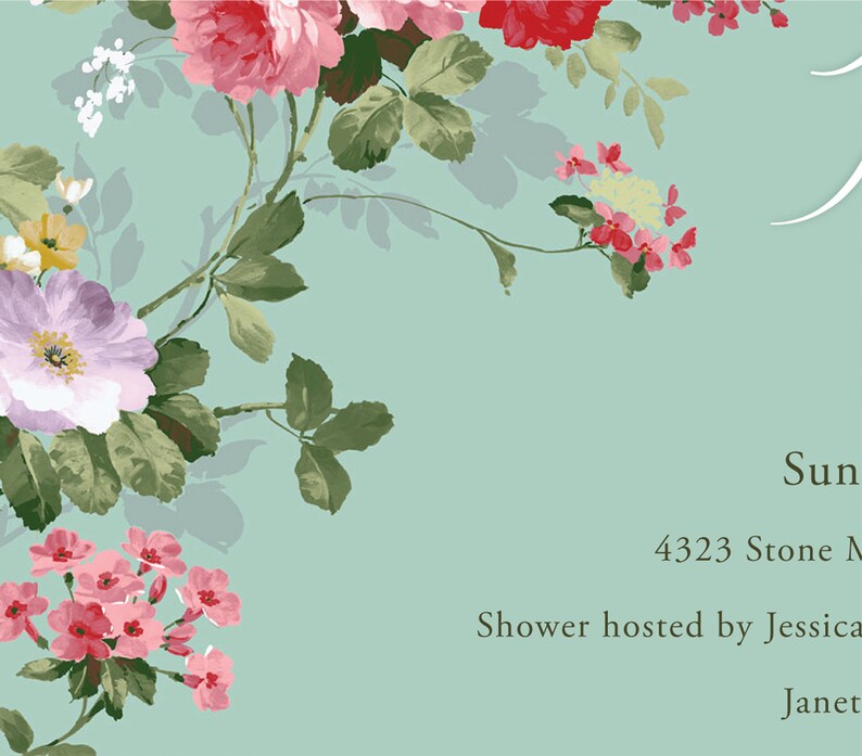Puede incluir: Una invitaci&oacute;n floral con fondo azul claro y flores rosas y blancas. El texto dice "Sun 4323 Stone M Shower hosted by Jessica Janet".