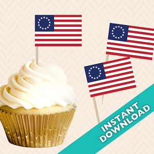 May include: A cupcake with white frosting in a gold foil wrapper, topped with a small flag featuring a blue canton with a circle of white stars and red and white stripes. The flags are on wooden sticks.
