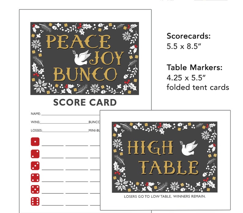 Peace Joy & Bunco Christmas Theme Bunco Scorecard, Table Marker Tally Sheet Set image 10