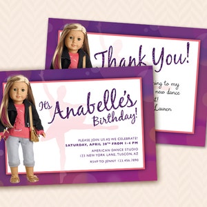 Convite de aniversário de boneca menina e design de cartão de agradecimento