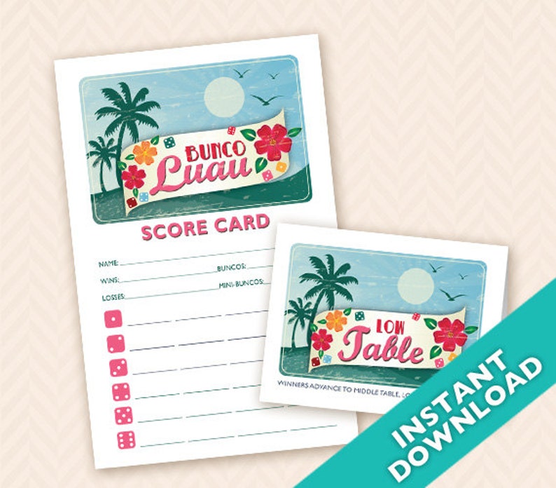 Hawaiian Luau Bunco Theme Scorecard and Table Marker Set image 1