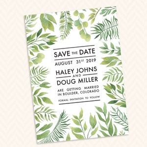 Laub Aquarell Save the Date Karte, druckbare Farn und Blätter DIY Hochzeit