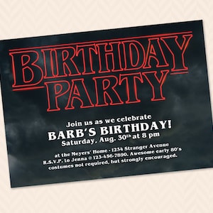 May include: A black and red birthday party invitation with the text "Birthday Party" in a red neon font. The invitation is for Barb's birthday and includes the date, time, and location of the party. It also encourages guests to dress in 80's costumes.
