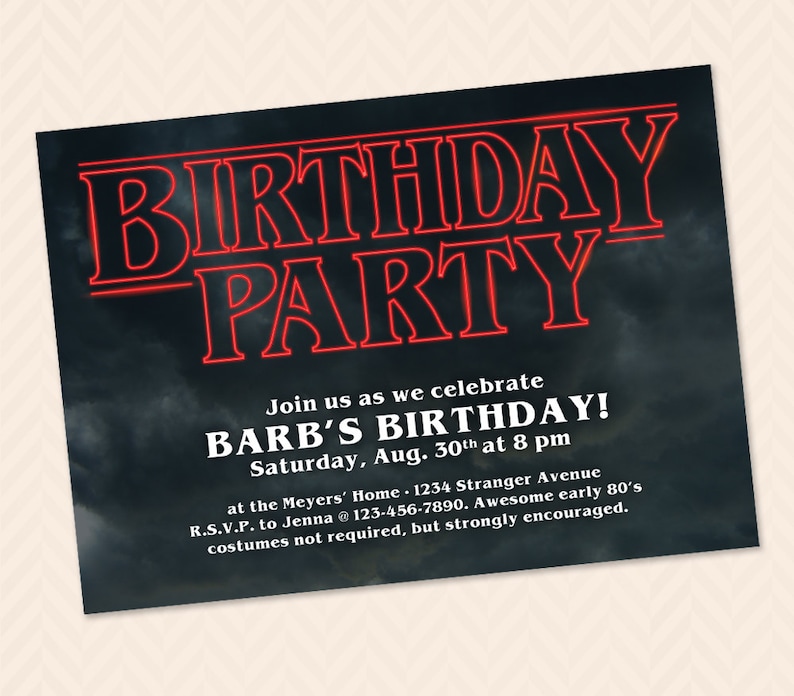 May include: A black and red birthday party invitation with the text "Birthday Party" in a red neon font. The invitation is for Barb's birthday and includes the date, time, and location of the party. It also encourages guests to dress in 80's costumes.