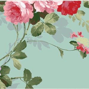 Puede incluir: Una pintura de acuarela de rosas rosas y rojas con hojas verdes sobre un fondo azul claro.