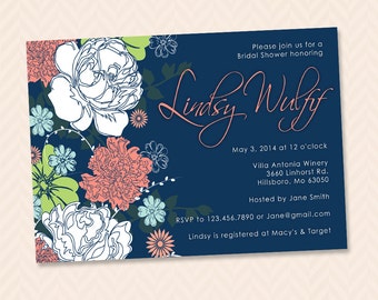 Printable Floral Bridal Shower Invitation - Navy blue, coral and green