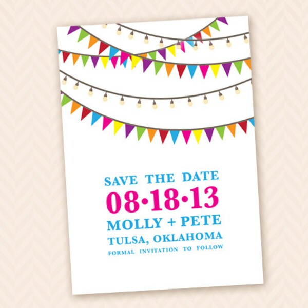 Rainbow Bunting and Market Lights Save the Date Design