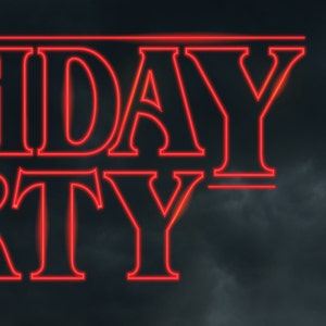 May include: Red neon sign with the words "Holiday Party" against a dark cloudy sky.