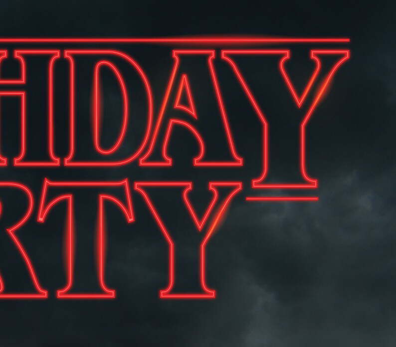 May include: Red neon sign with the words "Holiday Party" against a dark cloudy sky.