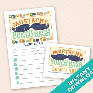 May include: Printable scorecard for a "Mustache Bunco Bash" game. The scorecard has spaces for the player's name, wins, losses, buncos, and mini-buncos. The design features a vintage-style illustration of a moustache with a distressed background.