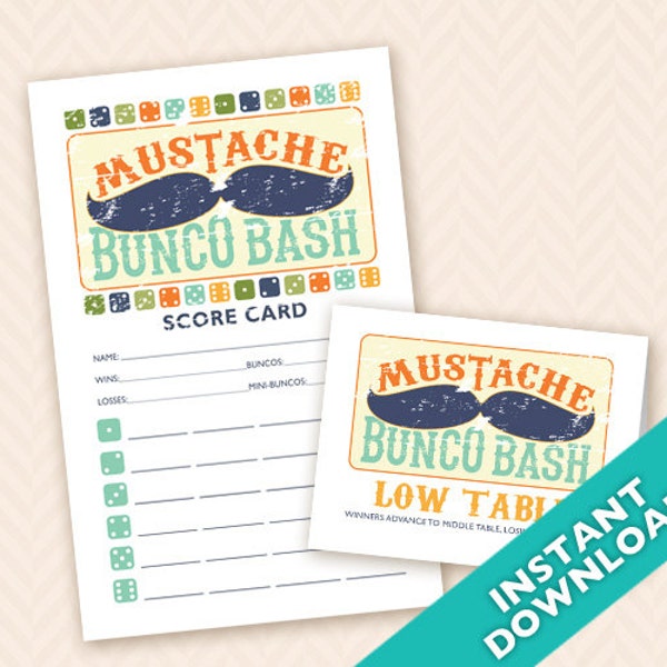 Mustache Bunco Bash Bunco Theme Scorecard and Table Marker Set