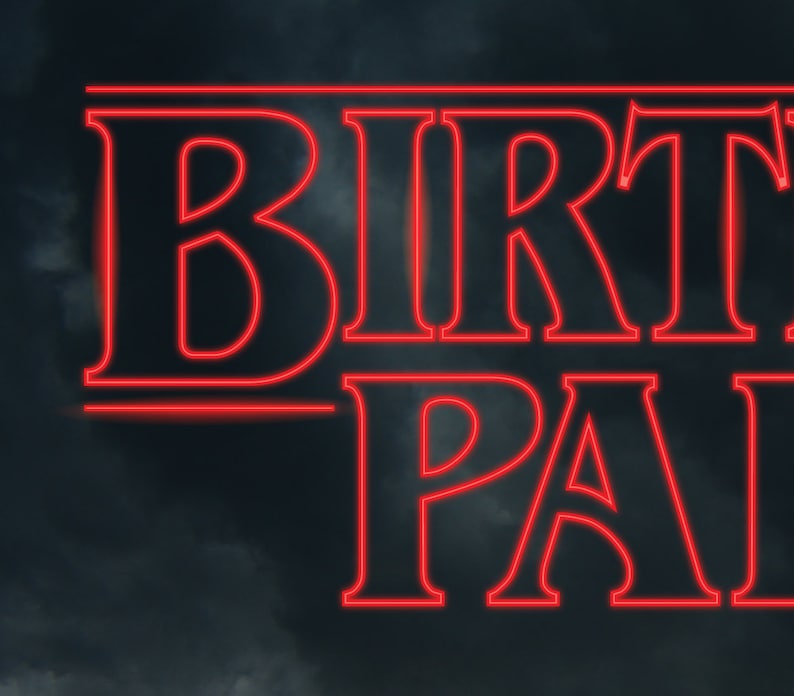May include: Red neon sign with the words "BIRTHDAY PAL" against a dark cloudy background.