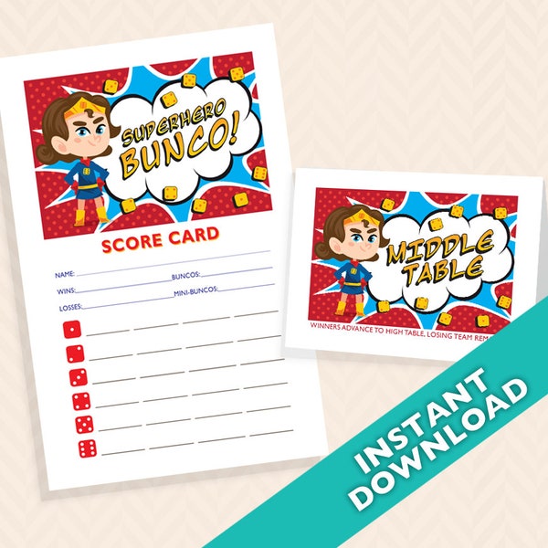 Superhero Bunco Theme Scorecard and Table Marker Set