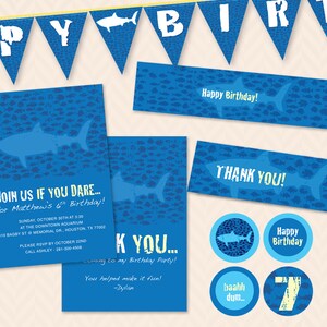 Convite para festa de aniversário do Ocean Shark, cartão de agradecimento e conjunto de decoração