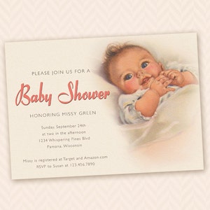 Vintage Baby Shower Invitation - Pink, Blue or custom color!
