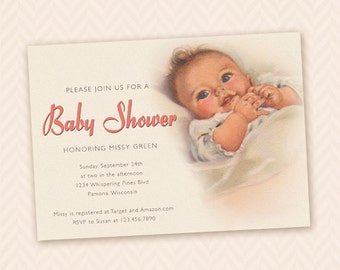 Vintage Baby Shower Invitation - Pink, Blue or custom color!