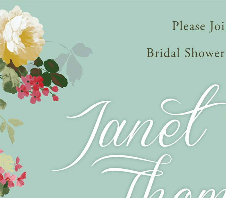 Puede incluir: Una invitaci&oacute;n azul claro con un dise&ntilde;o floral con flores amarillas y rosas. El texto "Please Join" y "Bridal Shower" est&aacute; impreso en texto marr&oacute;n. El nombre "Janet" est&aacute; escrito en cursiva blanca.