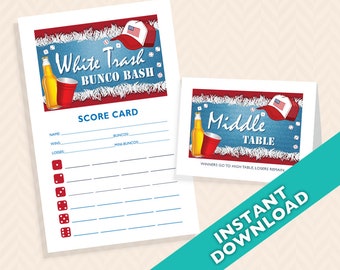 White Trash Bunco Bash - Juego de marcadores de mesa y tarjeta de puntuación temática Bunco