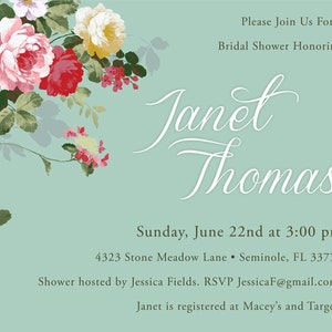 Puede incluir: Una invitaci&oacute;n de color verde claro para una despedida de soltera con detalles florales. La invitaci&oacute;n dice "Por favor, &uacute;nase a nosotros para una despedida de soltera en honor a Janet Thomas. Domingo, 22 de junio a las 3:00 pm. 4323 Stone Meadow Lane Seminole, FL 33777. Despedida de soltera organizada por Jessica Fields. RSVP JessicaF@gmail.com. Janet est&aacute; registrada en Macy's y Target."