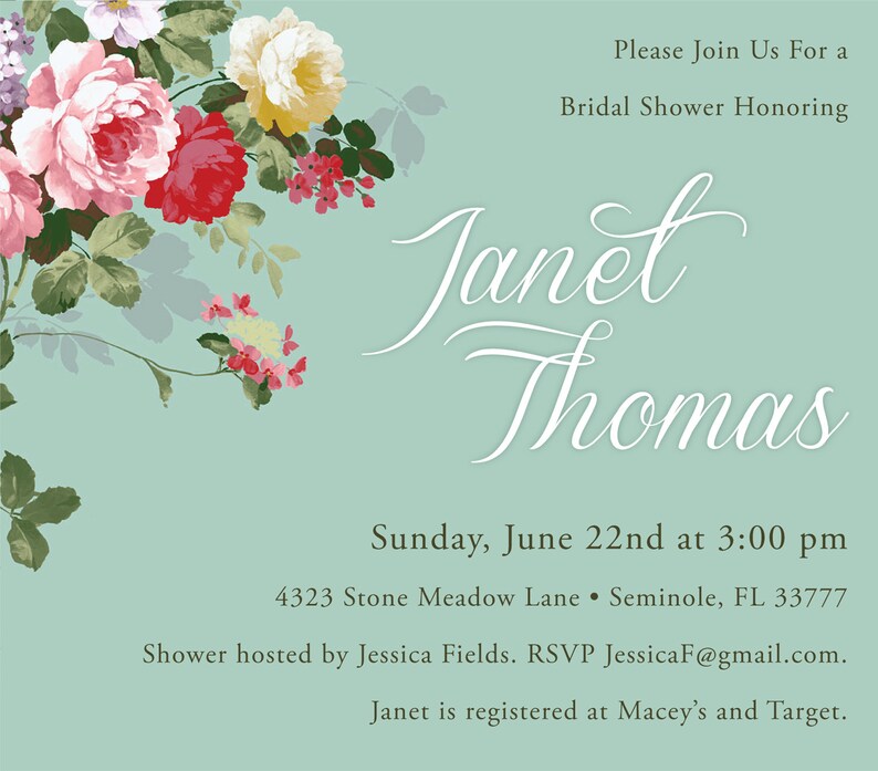 Puede incluir: Una invitaci&oacute;n de color verde claro para una despedida de soltera con detalles florales. La invitaci&oacute;n dice "Por favor, &uacute;nase a nosotros para una despedida de soltera en honor a Janet Thomas. Domingo, 22 de junio a las 3:00 pm. 4323 Stone Meadow Lane Seminole, FL 33777. Despedida de soltera organizada por Jessica Fields. RSVP JessicaF@gmail.com. Janet est&aacute; registrada en Macy's y Target."