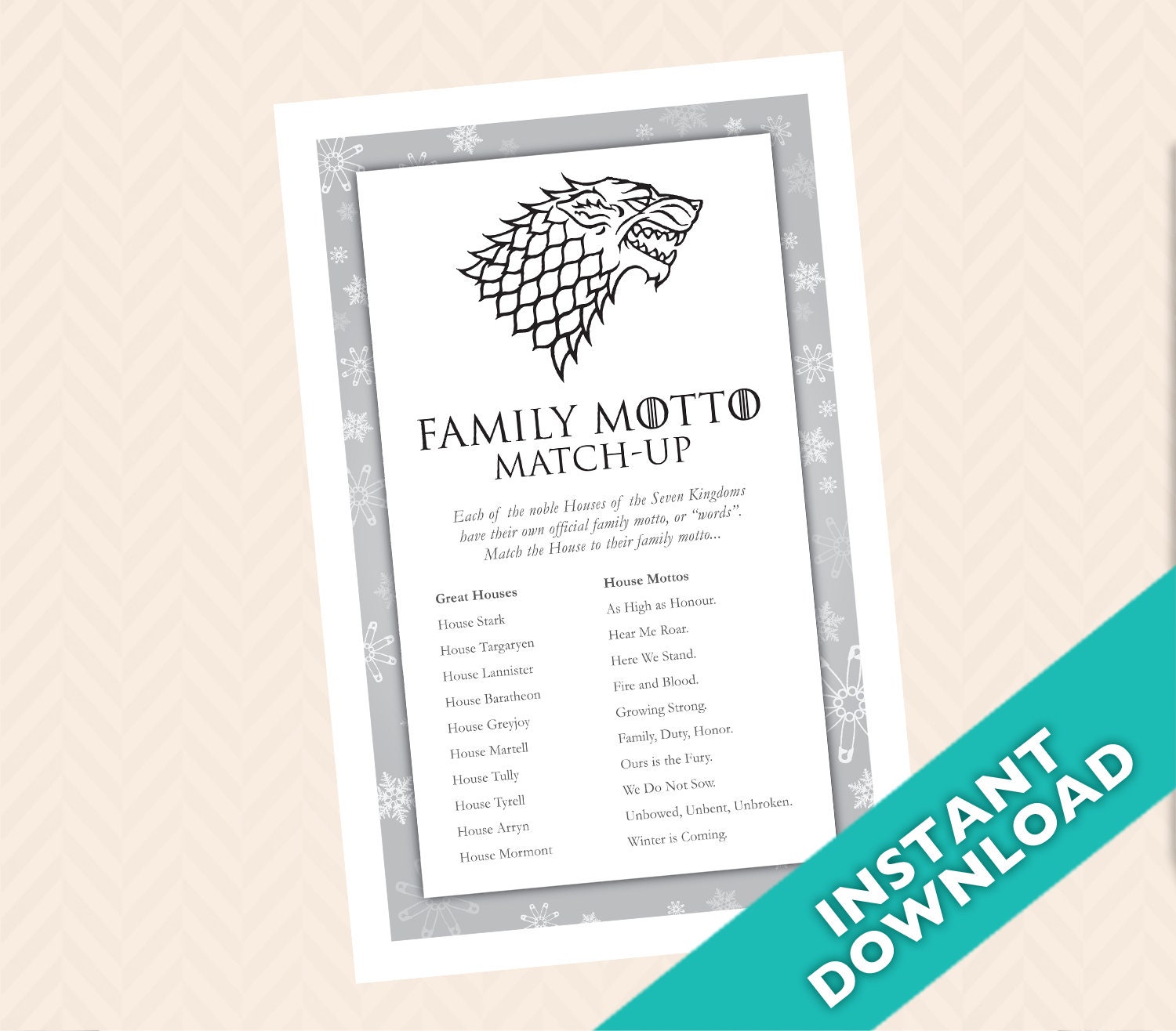 Game Of Thrones Printable Baby Shower Game Family Motto Match Etsy
