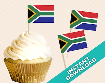 Decoración de fiesta de palillo de dientes de bandera de Sudáfrica - bandera de comida de fiesta de Sudáfrica, bandera de comida imprimible DIY, topper de cupcake