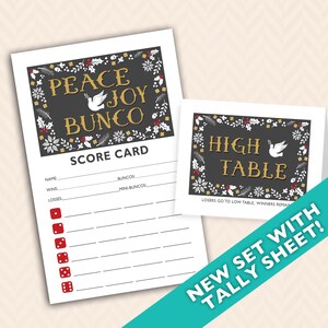 May include: A printable Christmas-themed Bunco scorecard with a black background and gold and white floral accents. The text "Peace Joy Bunco" is in gold lettering. The scorecard includes spaces for name, wins, losses, buncos, and mini-buncos. There is also a separate card with the text "High Table" in gold lettering.
