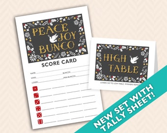 Peace Joy & Bunco - Christmas Theme Bunco Scorecard, Table Marker + Tally Sheet Set