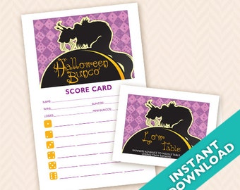 Ensemble de cartes de pointage et de marqueurs de table sur le thème du chat noir Halloween Bunco