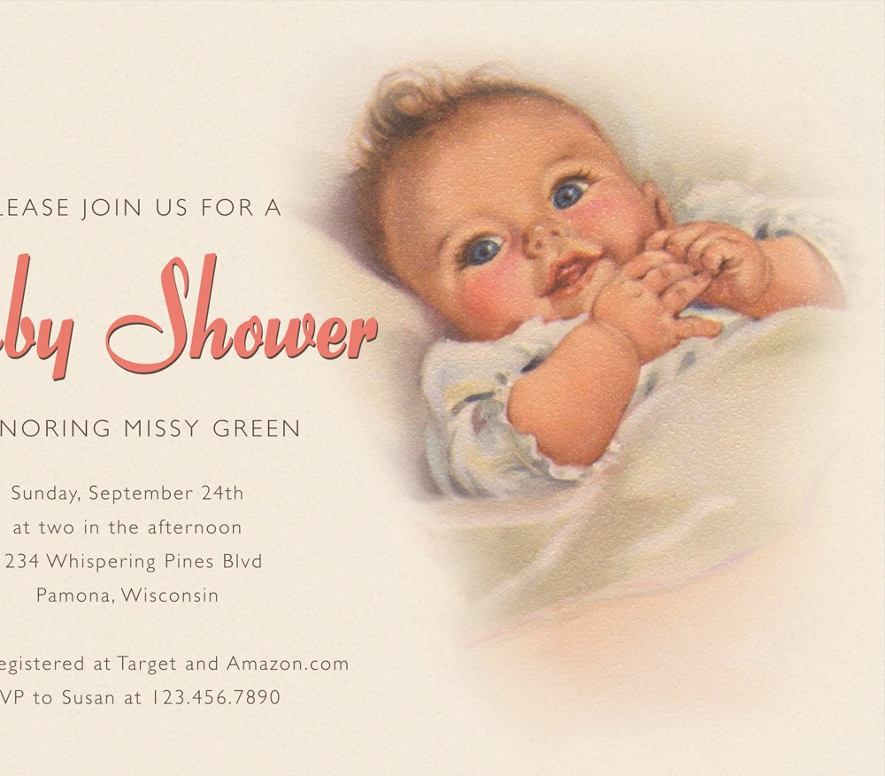 Vintage Baby Shower Invitation Pink Blue or custom color Etsy