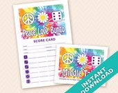 Printable 60s theme Bunco Scorecard and Table Marker Set - Peace, Love and Bunco (a.k.a. Bunko, score card, score sheet)