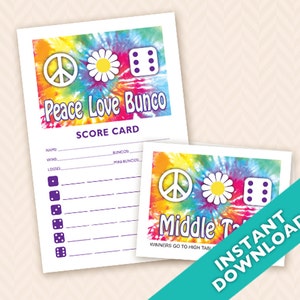 Printable 60s theme Bunco Scorecard and Table Marker Set Peace, Love and Bunco a.k.a. Bunko, score card, score sheet image 1