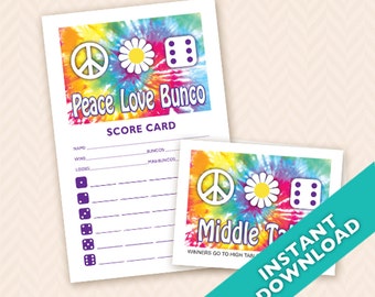 Juego de marcadores de mesa y tarjeta de puntuación Bunco con tema imprimible de los años 60: paz, amor y Bunco (también conocido como Bunko, tarjeta de puntuación, hoja de puntuación)