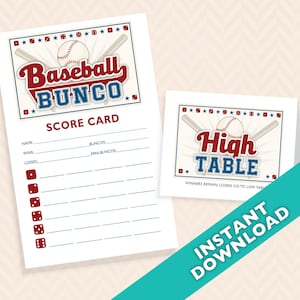 May include: Printable scorecard for a baseball themed Bunco game. The scorecard has a red, white, and blue baseball theme with a baseball and bats. The scorecard has spaces for names, wins, losses, buncos, and mini-buncos. There is also a separate card that says "High Table" with a baseball and bats.