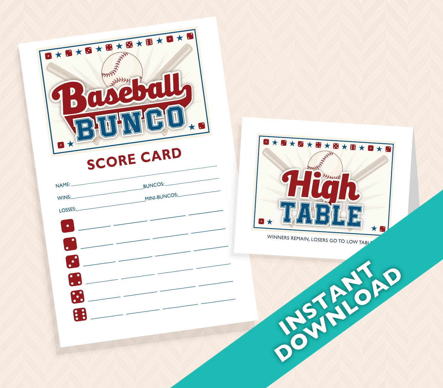 This listing is for a vintage baseball themed printable bunco set. 